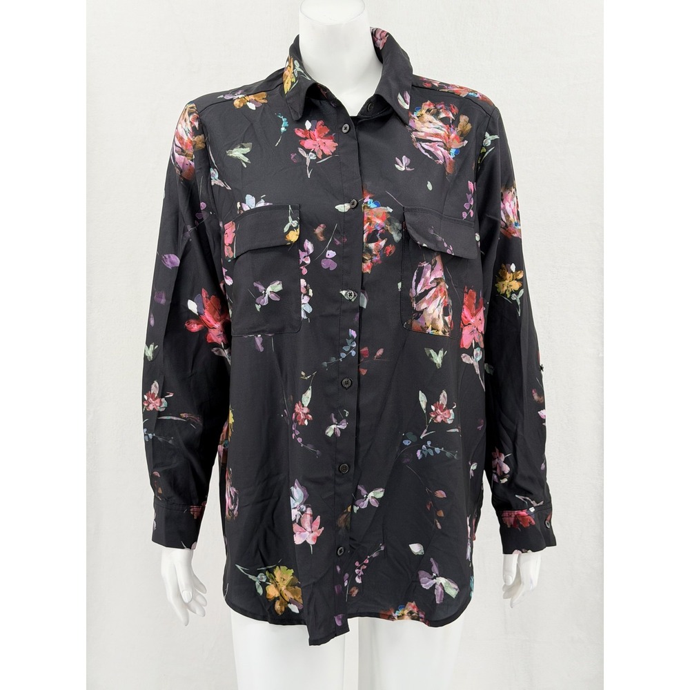 Madison Curvy Top Womens 1X Black Dark Floral Button Up Lightweight Boho Office